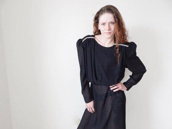 vintage 80s black sheer long sleeve dress puff sle