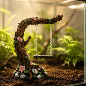 Peut inclure: Un ornement en forme d'arbre brun texturé avec des fleurs roses et des vignes vertes, doté d'une petite balançoire rectangulaire suspendue par des chaînes en métal argenté. La base est ornée de pierres tachetées blanches et vertes.