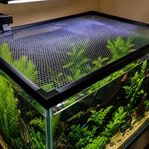 Puede incluir: Un acuario rectangular de cristal con marco negro y tapa de malla hexagonal. El tanque contiene plantas acuáticas verdes, madera flotante oscura y sustrato de arena clara. Una lámpara LED negra está fijada en la esquina superior.