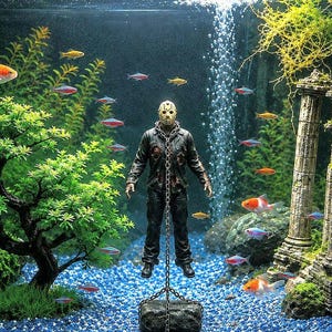 Könnte beinhalten: Ein Glasaquarium mit blauem Kies, in dessen Mitte eine maskierte Figur in dunkler Jacke und Hose an einem Steinsockel angekettet ist. Das Becken enthält einen künstlichen grünen Baum, steinerne Säulenruinen und verschiedene kleine Fische.