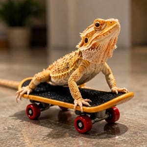 May include: A tan and orange bearded dragon lizard standing on a small yellow toy skateboard with black grip tape and four bright red wheels. The lizard has a spiky texture along its back and head, with its front legs planted firmly on the deck.