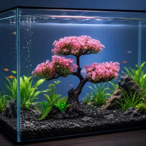 Könnte beinhalten: Ein rechteckiges Glasaquarium gefüllt mit Wasser, mit einem künstlichen Baum mit rosa Laub in der Mitte, grünen Wasserpflanzen, dunkelgrauen Steinen und schwarzem Kiesboden. Kleine orangefarbene und blaue Fische schwimmen im Becken.