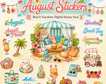 August Digital Stickers, Summer Planner Stickers, GoodNotes Sticker Book, Printable Sticker Sheet, Individual PNG Clipart, Beach Vacation