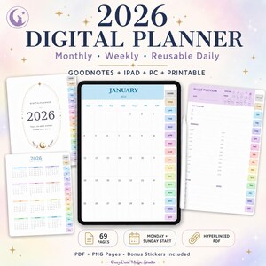 以下が含まれることがあります： 2026年版デジタルプランナーセット。タブレット上の月間カレンダー表示、年間概要、デイリープランニングページが含まれています。インターフェースにはナビゲーション用のカラフルなサイドタブ、ハイパーリンクPDF機能、Goodnotes、iPad、PC、印刷用ラベルが記載されています。