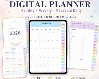 2026 Digital Planner GoodNotes iPad | Cute Pastel Calendar | Dated Monthly Weekly Daily | Printable PDF & Stickers | Monday Sunday Start