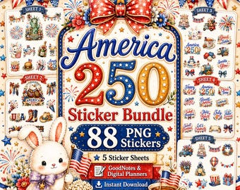 America 250 Digital Stickers Bundle, Cute 4th of July GoodNotes Planner Deco, Patriotic Watercolor Scrapbook, USA 1776-2026 Aesthetic