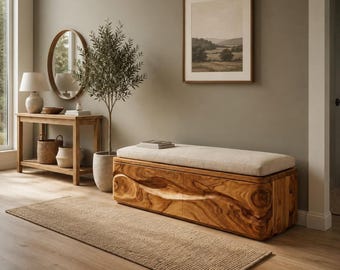 Banco de armazenamento moderno em madeira com almofada – Móvel para hall de entrada ou quarto, estilo meados do século XX