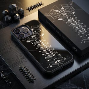 May include: A black smartphone case featuring a white geometric circuit board pattern and the text HACK. The case is displayed next to its matching black rectangular packaging box, which also displays the text CYBERNETIC SERIES. PRECISE FIT. HACK.