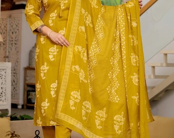 Completo Kurta, Panta e Dupatta in cotone biologico stampato a mano con tecnica block printing, giallo, abbigliamento etnico da festa, taglia 3XL