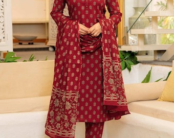 Completo Kurta da donna in cotone biologico con stampa a blocchi, Salwar Kameez per feste