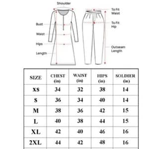 Pu&ograve; includere: Una tabella delle taglie per abbigliamento etichettata BALAJIFASHIONHUB, con un disegno al tratto di una tunica e pantaloni con indicatori di misura per spalle, busto, vita, fianchi e lunghezza, insieme a una tabella con taglie da XS a 4XL.