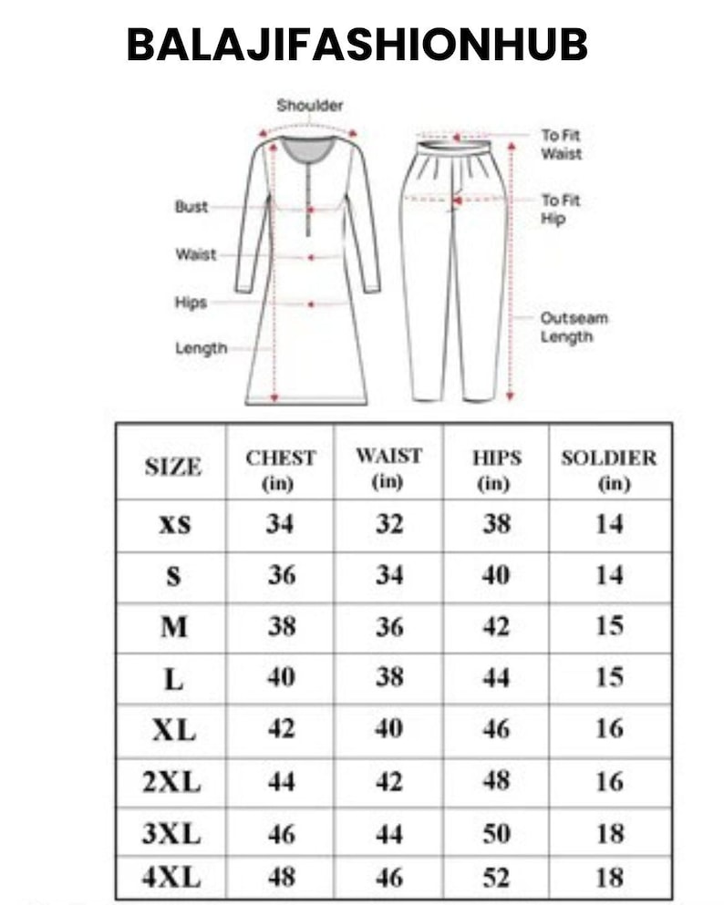 Pu&ograve; includere: Una tabella delle taglie per abbigliamento etichettata BALAJIFASHIONHUB, con un disegno al tratto di una tunica e pantaloni con indicatori di misura per spalle, busto, vita, fianchi e lunghezza, insieme a una tabella con taglie da XS a 4XL.