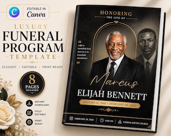 Black and White Funeral Program Template | 8-Page Memorial Booklet (Canva Download) | Obituary Template | Memorial Service Booklet