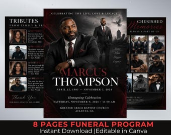 May include: An eight-page funeral program template featuring a portrait of Marcus Thompson, born April 12, 1985, died November 3, 2024. The design includes sections for tributes, cherished memories, and homegoing celebration details at Greater Grace Baptist Church in Atlanta, GA.