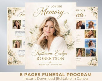 White Roses Funeral Program Template | 8-Page Memorial Booklet (Canva Download) | Obituary Template | Memorial Service Booklet