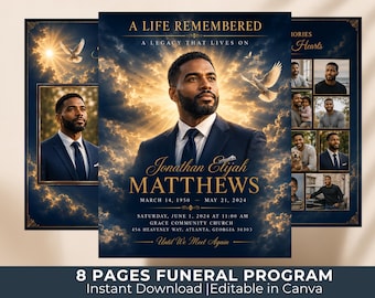 Heavenly Clouds  Funeral Program Template | 8-Page Memorial Booklet (Canva Download) | Obituary Template | Order of  Service Booklet