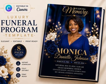Blue  Roses Funeral Program Template | 8-Page Memorial Booklet (Canva Download) | Obituary Template | Memorial Service Booklet