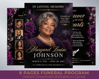 Purple Roses Funeral Program Template | 8-Page Memorial Booklet (Canva Download) | Obituary Template | Memorial Service Booklet