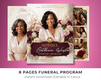 Red and Gold Funeral Program Template | 8-Page Memorial Booklet (Canva Download) | Obituary Template