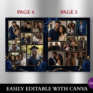 May include: A two-page photo collage template labeled PAGE 4 and PAGE 5, featuring multiple rectangular frames for portraits. The layout is decorated with dark blue roses and gold accents, with the text EASILY EDITABLE WITH CANVA at the bottom.