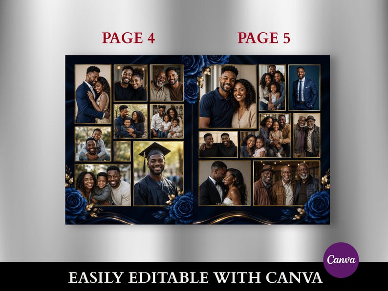 May include: A two-page photo collage template labeled PAGE 4 and PAGE 5, featuring multiple rectangular frames for portraits. The layout is decorated with dark blue roses and gold accents, with the text EASILY EDITABLE WITH CANVA at the bottom.