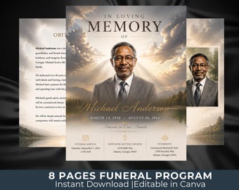Heavenly Horizon Funeral Program Template | 8-Page Memorial Booklet (Canva Download) | Obituary Template | Memorial Service Booklet