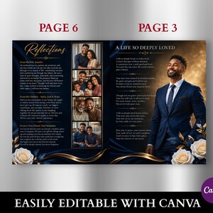 May include: A funeral program template featuring a dark blue background with gold accents and white roses. The layout includes text titled Reflections and A Life So Deeply Loved, alongside a vertical collage of four family photographs and a portrait of a man in a navy suit.