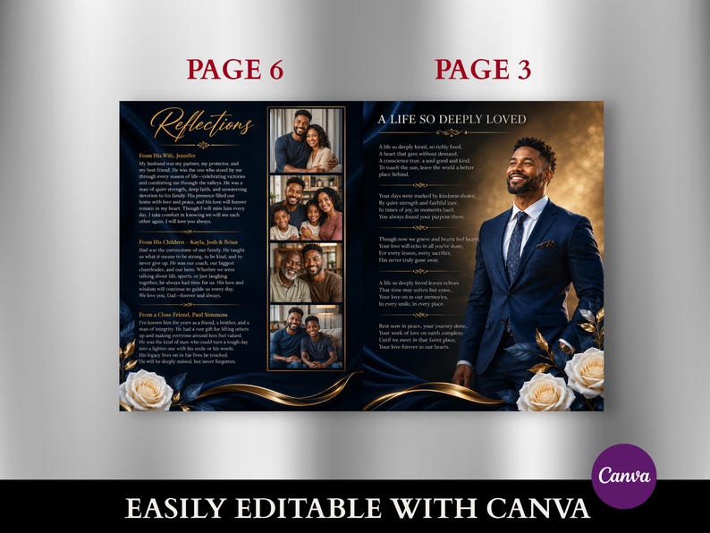 May include: A funeral program template featuring a dark blue background with gold accents and white roses. The layout includes text titled Reflections and A Life So Deeply Loved, alongside a vertical collage of four family photographs and a portrait of a man in a navy suit.