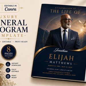 Navy Blue Funeral Program Template | 8-Page Memorial Booklet (Canva Download) | Obituary Template | Memorial Service Booklet