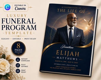 Navy Blue Funeral Program Template | 8-Page Memorial Booklet (Canva Download) | Obituary Template | Memorial Service Booklet