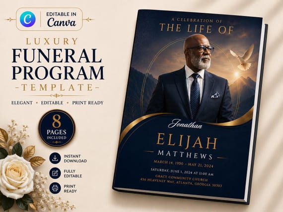 Navy Blue Funeral Program Template | 8-Page Memorial Booklet (Canva Download) | Obituary Template | Memorial Service Booklet