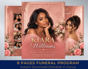 Peach and Gold Funeral Program Template 8 Page Memorial Booklet Canva Download Obituary Template Memorial Service Booklet