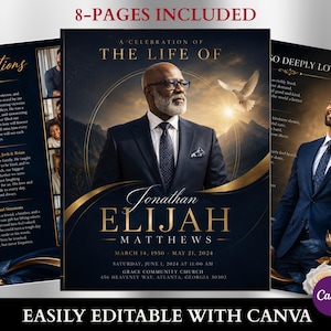 May include: An eight-page funeral program template featuring a dark blue and gold design. The cover displays a portrait of a man in a suit, the text A CELEBRATION OF THE LIFE OF JONATHAN ELIJAH MATTHEWS, dates, and location details. Includes floral accents.