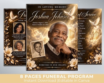 Gold and Brown Funeral Program Template | 8-Page Memorial Booklet (Canva Download) | Obituary Template | Memorial Service Booklet