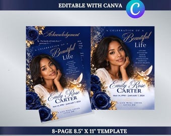 Blue Roses Funeral Program Template | 8-Page Memorial Booklet (Canva Download) | Obituary Template | Memorial Service Booklet