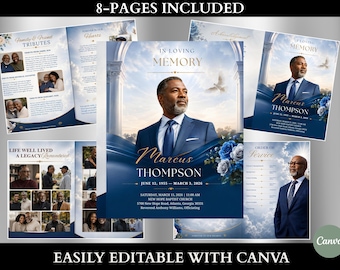 Blue Roses Funeral Program Template | 8-Page Memorial Booklet (Canva Download) | Obituary Template