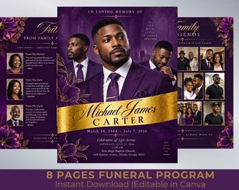 Purple and Golden Funeral Program Template | 8-Page Memorial Booklet (Canva Download) | Obituary Template | Memorial Service Booklet