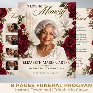 Peut inclure: Un programme funéraire de huit pages orné de roses rouge foncé, d'une colombe blanche et d'un escalier en arrière-plan. La couverture affiche le texte In Loving Memory, Elizabeth Marie Carter, 7 août 1945 – 5 octobre 2025, Forever In Our Hearts.