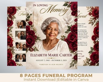Red Floral Funeral Program Template | 8-Page Memorial Booklet (Canva Download) | Obituary Template | Memorial Service Booklet
