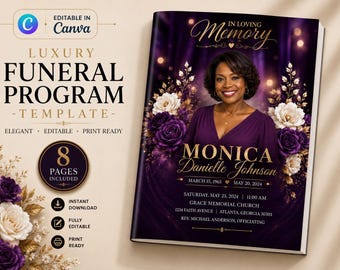 Purple Gold Funeral Program Template | 8-Page Memorial Booklet (Canva Download) | Obituary Template | Memorial Service Booklet