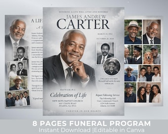 Silver & Grey Funeral Program Template | 8-Page Memorial Booklet (Canva Download) | Obituary Template | Memorial Service Booklet