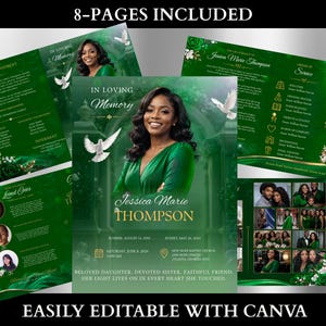 Può includere: Un modello di programma funebre di 8 pagine con un tema verde smeraldo intenso, colombe bianche e accenti floreali. Il design include segnaposto per foto, il nome Jessica Marie Thompson, i dettagli del servizio e testo in carattere serif.