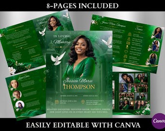 Green Roses Funeral Program Template | 8-Page Memorial Booklet (Canva Download) | Obituary Template