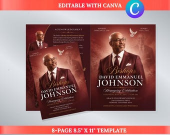 Premium Burgundy  Funeral Program Template | 8-Page Memorial Booklet (Canva Download) | Obituary Template | Memorial Service Booklet