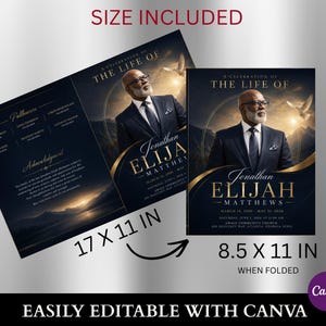 May include: A funeral program template featuring a portrait of a man in a suit, gold text reading A CELEBRATION OF THE LIFE OF JONATHAN ELIJAH MATTHEWS, and a mountain sunset background. The layout shows an unfolded 17 by 11 inch sheet and an 8.5 by 11 inch folded version.