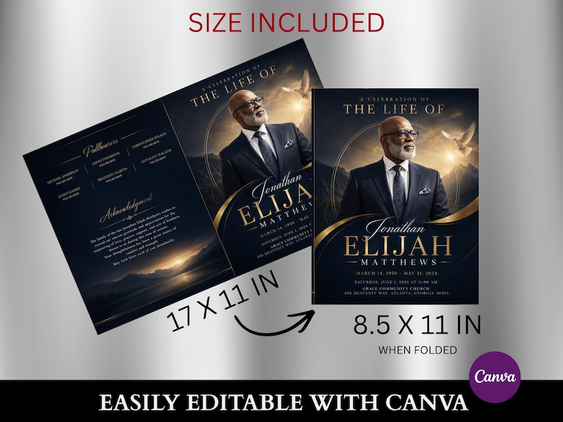 May include: A funeral program template featuring a portrait of a man in a suit, gold text reading A CELEBRATION OF THE LIFE OF JONATHAN ELIJAH MATTHEWS, and a mountain sunset background. The layout shows an unfolded 17 by 11 inch sheet and an 8.5 by 11 inch folded version.