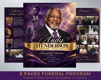 Purple & GOld  Funeral Program Template | 8-Page Memorial Booklet (Canva Download) | Obituary Template | Memorial Service Booklet