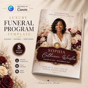 Red and Gold Funeral Program Template | 8-Page Memorial Booklet (Canva Download) | Obituary Template
