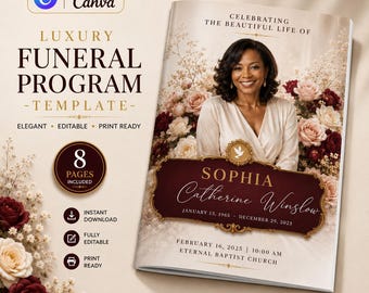 Red and Gold Funeral Program Template | 8-Page Memorial Booklet (Canva Download) | Obituary Template