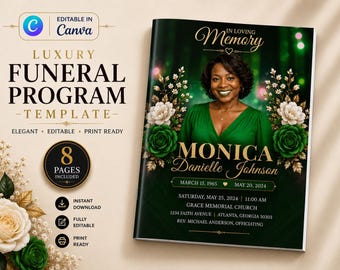 Green Roses Funeral Program Template | 8-Page Memorial Booklet (Canva Download) | Obituary Template | Memorial Service Booklet